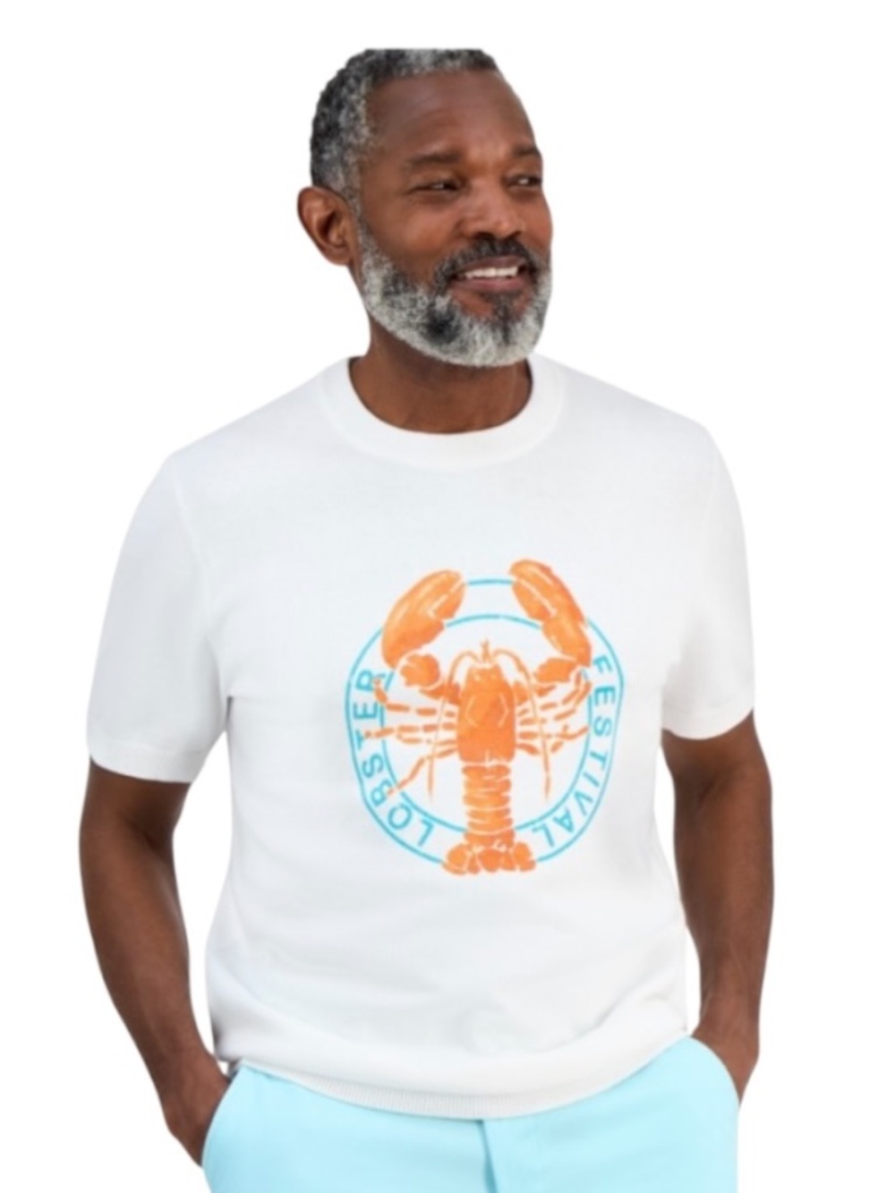 Club Room Men's Short-Sleeve Lobster Water Cotton Sweater T-Shirt, White XL -NWT